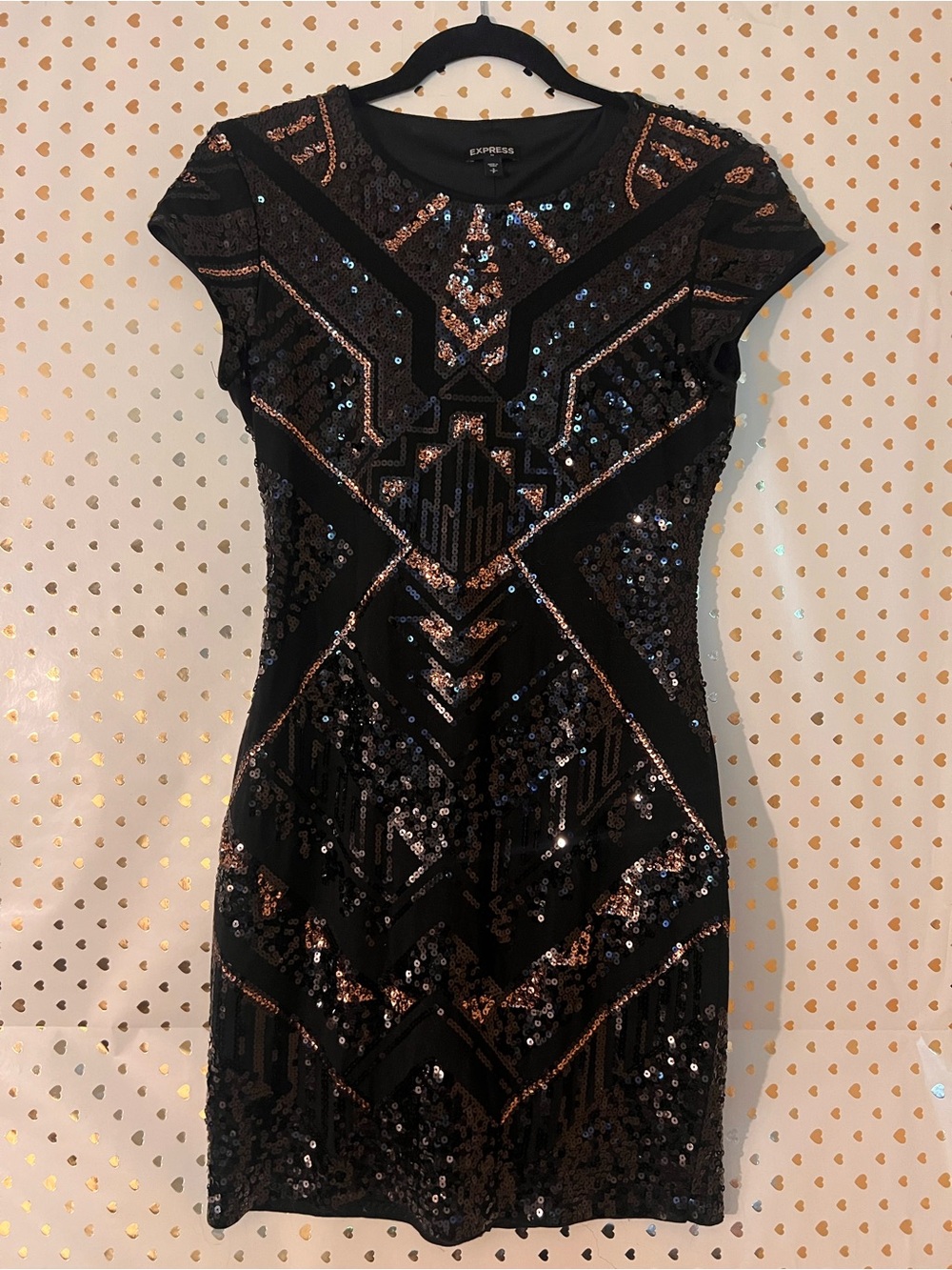 Express Black Sequin Short Sleeve Party Dress with Rose-Gold Accents